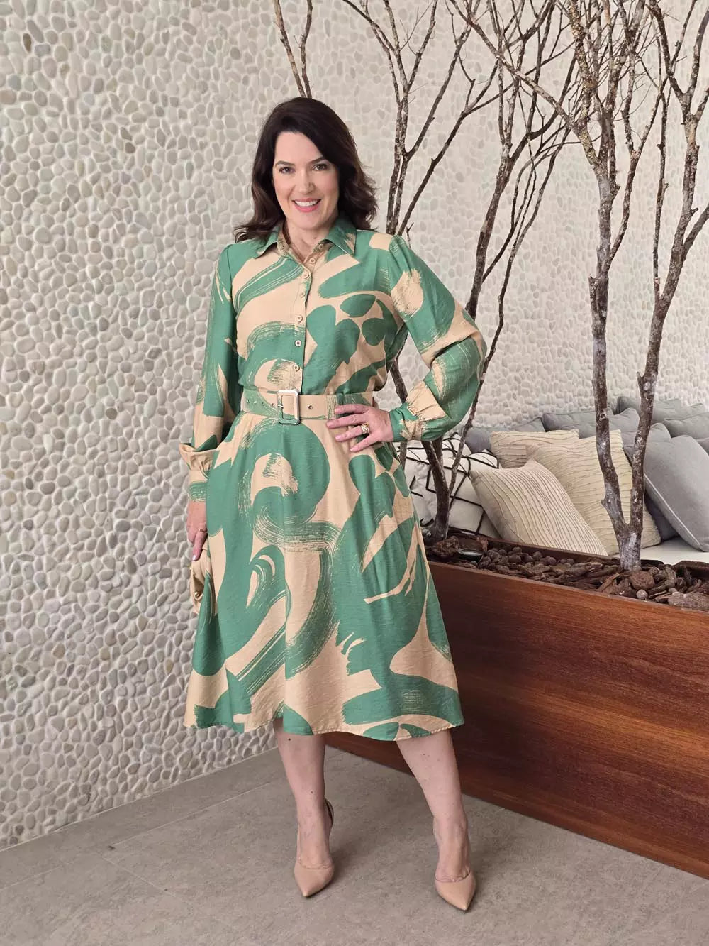 VESTIDO MIDI EVASÊ MANGA LONGA VERDE