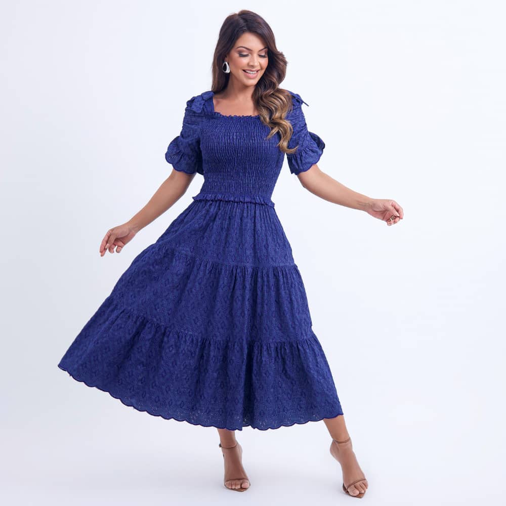 Vestido Feminino Bordado Midi Azul-Marinho Fátima - FL20