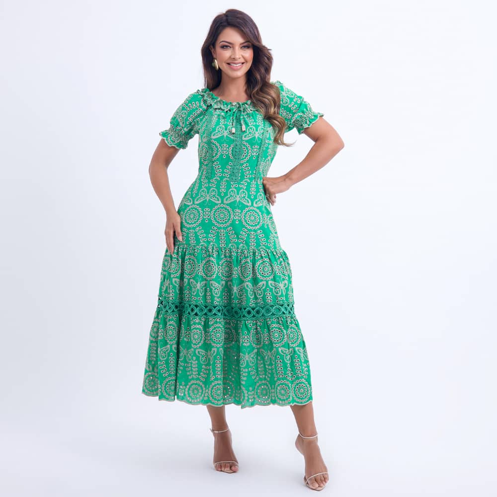 Vestido Feminino Midi Bordado Verde Gisele- FL05